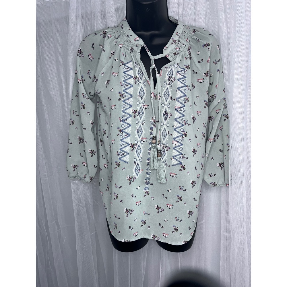 Jolt Womens Sage Green Floral Embroidered Boho Tassel Peasant Blouse Small